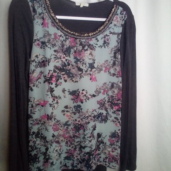 Maurices Blouse Women S Long Sleeve Beading Floral Blue Gray - Picture 15 of 15